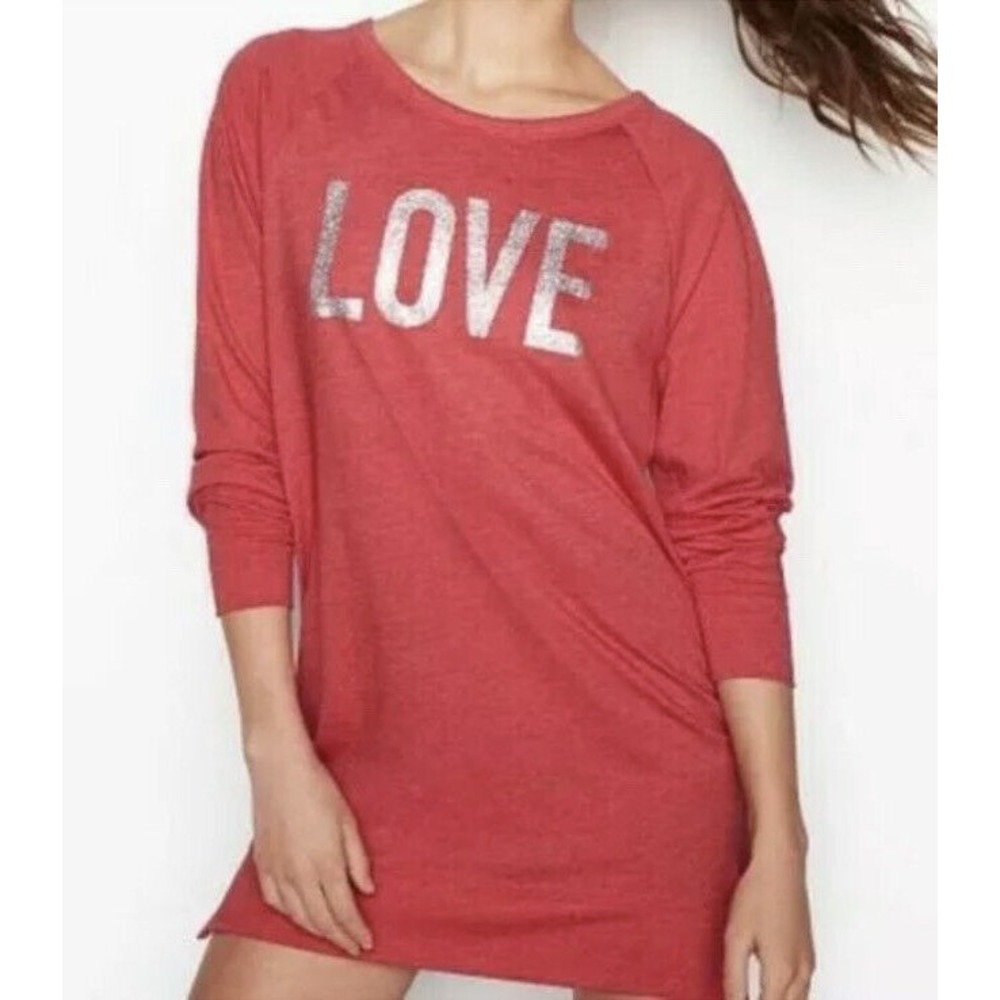 Victorias Secret "LOVE" Glitter Long Sleeve Sleep Shirt Sz XS - Red Valentine's